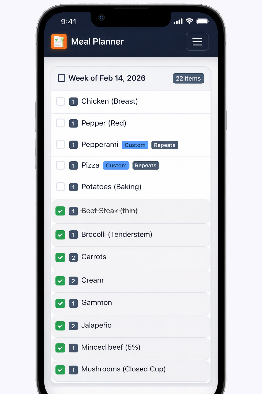 Shopping list on mobile